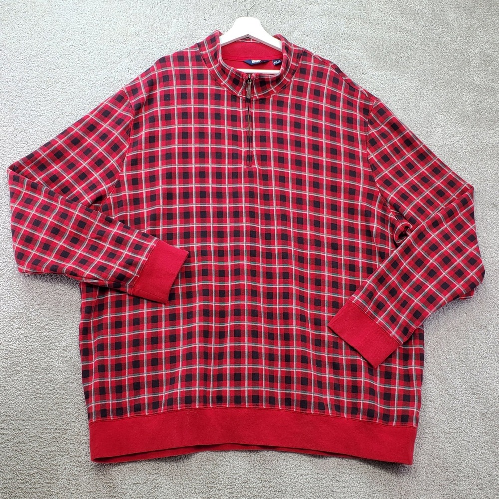 Lands End Quarter Zip Pullover Mens 3XLTall Red Plaid Sweater Holiday Dad Comfy